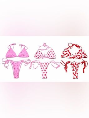 NWOT 3 Pc Bikini Bundle 🍒🍓 Cherry Strawberry Y2K Coquette String Bikinis Cute S